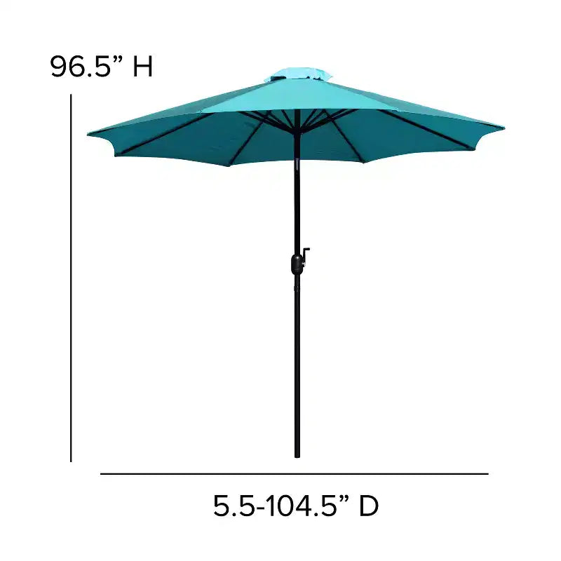 Ensemble de salle à manger Merrick Lane cinq pièces en teck synthétique pour patio, comprenant une table, deux fauteuils de club, un parasol de 2,74 m et sa base