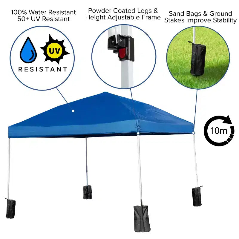 Ensemble tente de hayon/événement portable Flash Furniture - Tente à auvent escamotable à roulettes 10'x10', table pliante en deux de 6 pieds, 4 chaises pliantes