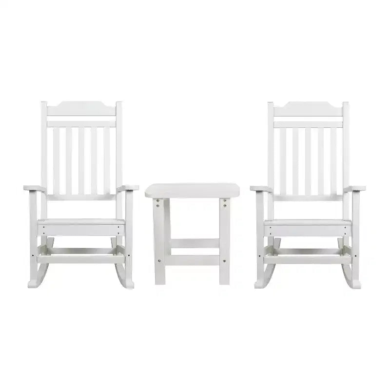 Emma and Oliver Set of 2 Indoor/Outdoor Poly Resin Rocking Chairs with Side Table