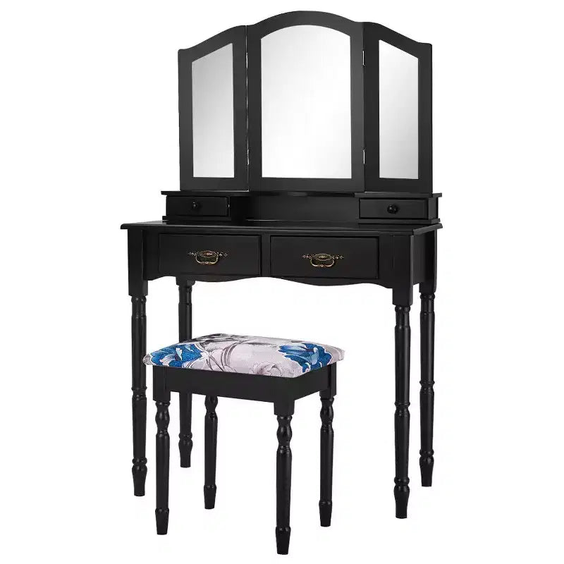 Coiffeuse Costway noire avec miroir à trois volets, table de maquillage et tabouret, 4 tiroirs