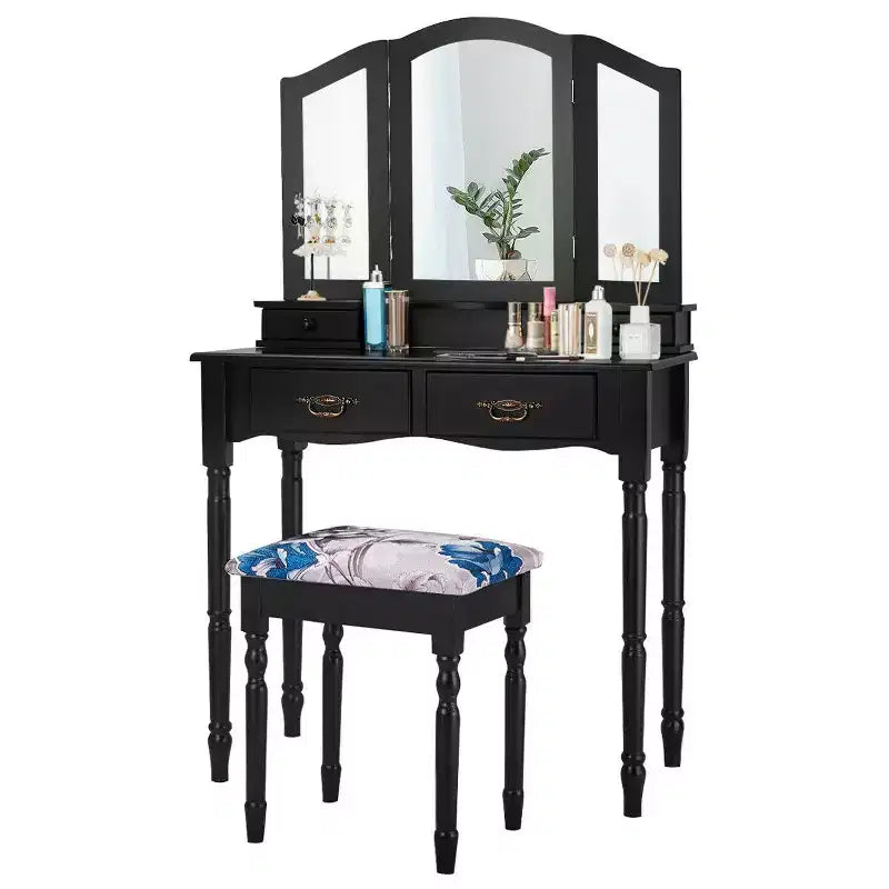 Coiffeuse Costway noire avec miroir à trois volets, table de maquillage et tabouret, 4 tiroirs