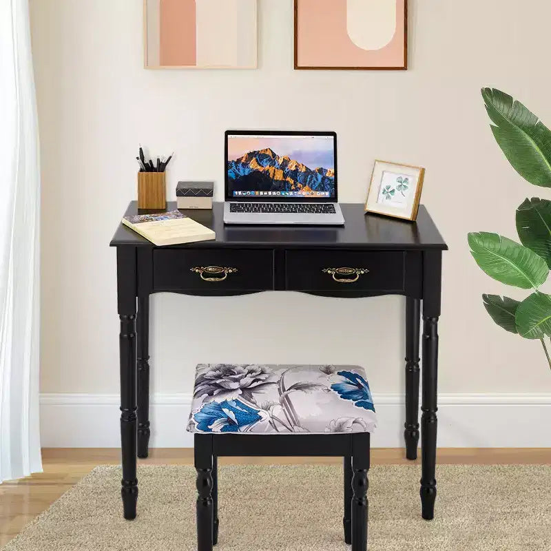 Coiffeuse Costway noire avec miroir à trois volets, table de maquillage et tabouret, 4 tiroirs
