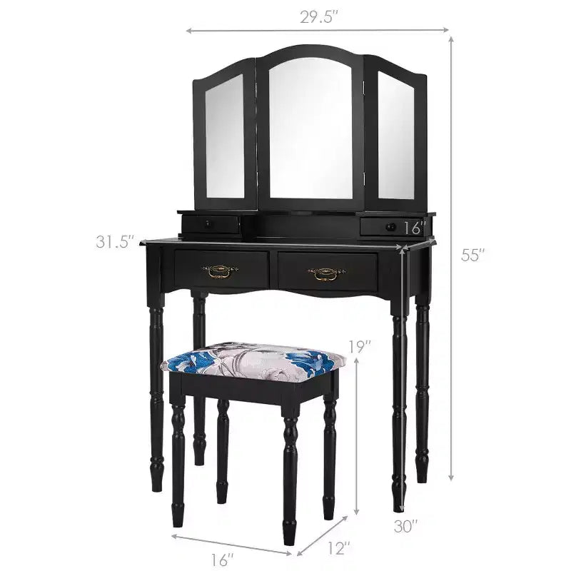 Coiffeuse Costway noire avec miroir à trois volets, table de maquillage et tabouret, 4 tiroirs