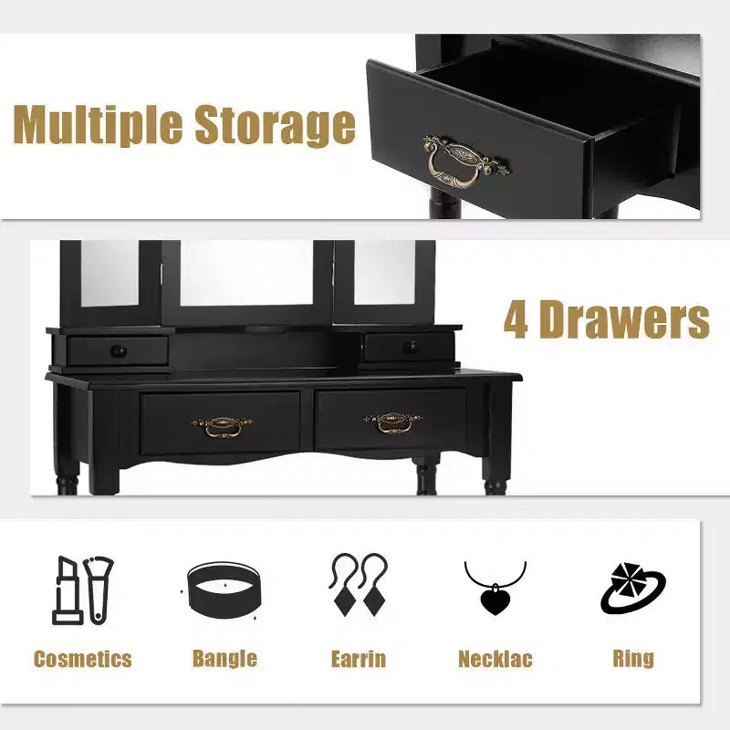 Coiffeuse Costway noire avec miroir à trois volets, table de maquillage et tabouret, 4 tiroirs