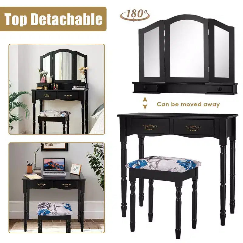 Coiffeuse Costway noire avec miroir à trois volets, table de maquillage et tabouret, 4 tiroirs