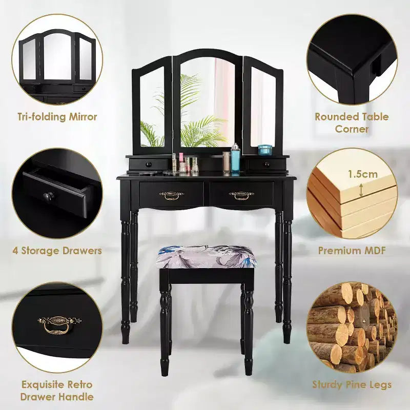 Coiffeuse Costway noire avec miroir à trois volets, table de maquillage et tabouret, 4 tiroirs