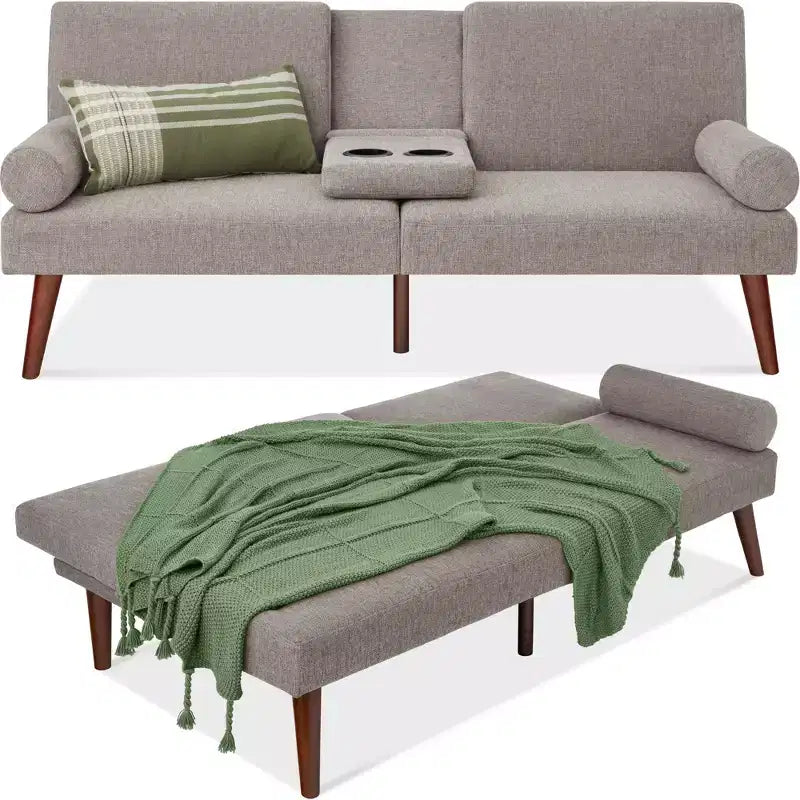 Canapé-lit convertible en tissu avec accoudoirs arrondis, pieds en bois et 2 porte-gobelets Best Choice Products