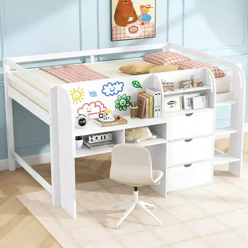 Lit mezzanine bas rose/blanc avec bureau, rangement et tableau blanc - 1 place