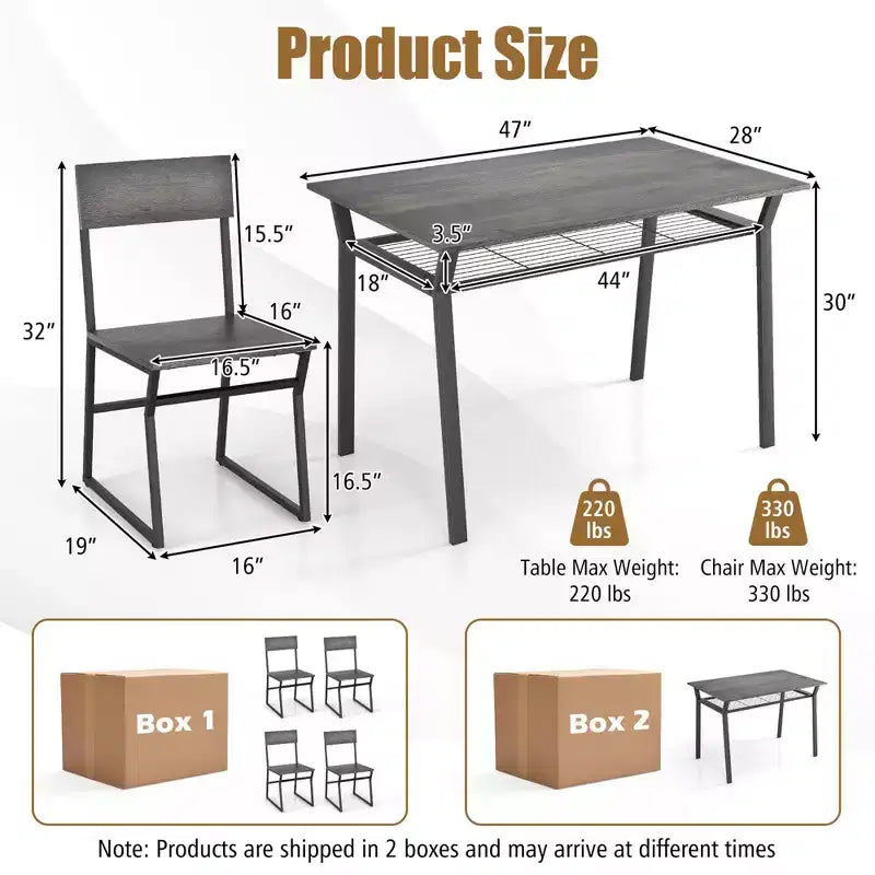 Costway Ensemble de salle à manger 5 pièces, table de cuisine rectangulaire industrielle avec 4 chaises gris/marron