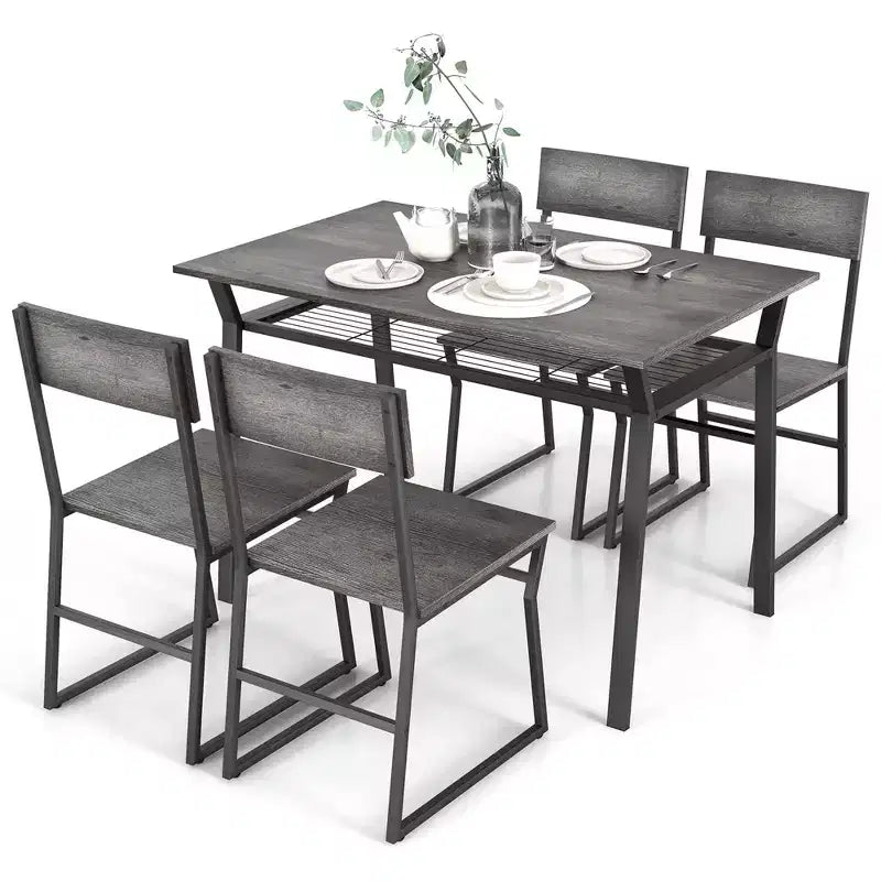 Costway Ensemble de salle à manger 5 pièces, table de cuisine rectangulaire industrielle avec 4 chaises gris/marron
