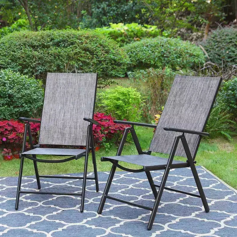 Captiva Designs Ensemble de salle à manger d'extérieur 9 pièces avec table carrée spacieuse à lattes en métal avec trou pour parasol et 8 chaises pliantes inclinables