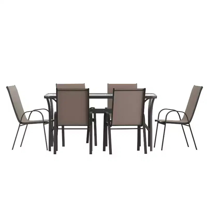 Ensemble de salle à manger de patio commercial Flash Furniture Brazos 7 pièces avec table de patio en verre trempé et 6 chaises avec sièges et dossiers en matériau Flex Comfort