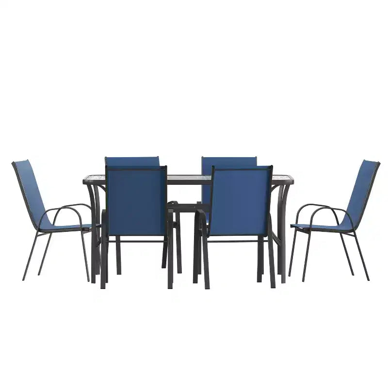 Flash Furniture Brazos 7 Piece Commercial Grade Patio Dining Set with Tempered Glass Patio Table and 6 Chairs with Flex Comfort Material Seats and Backs