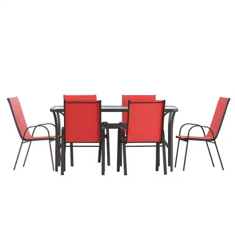 Ensemble de salle à manger de patio commercial Flash Furniture Brazos 7 pièces avec table de patio en verre trempé et 6 chaises avec sièges et dossiers en matériau Flex Comfort