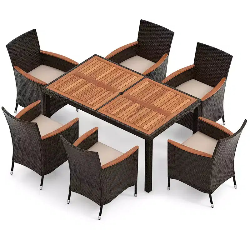 Ensemble de salle à manger d'extérieur en osier Costway 7 pièces avec table en bois d'acacia et 6 chaises empilables