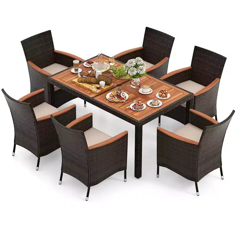 Ensemble de salle à manger d'extérieur en osier Costway 7 pièces avec table en bois d'acacia et 6 chaises empilables