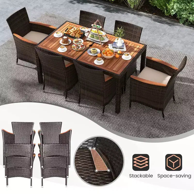 Ensemble de salle à manger d'extérieur en osier Costway 7 pièces avec table en bois d'acacia et 6 chaises empilables