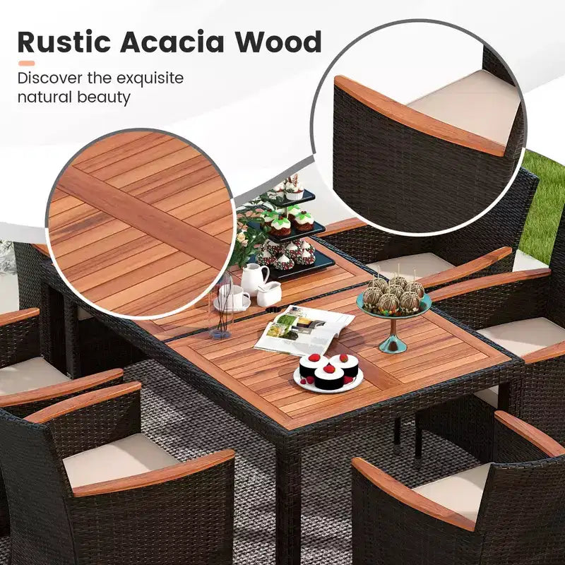 Ensemble de salle à manger d'extérieur en osier Costway 7 pièces avec table en bois d'acacia et 6 chaises empilables