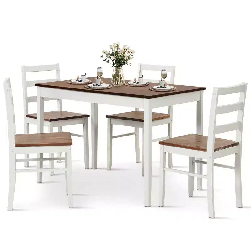 Costway Ensemble repas 5 pièces Bois massif Mobilier de cuisine avec table rectangulaire et 4 chaises Naturel/Café/Gris