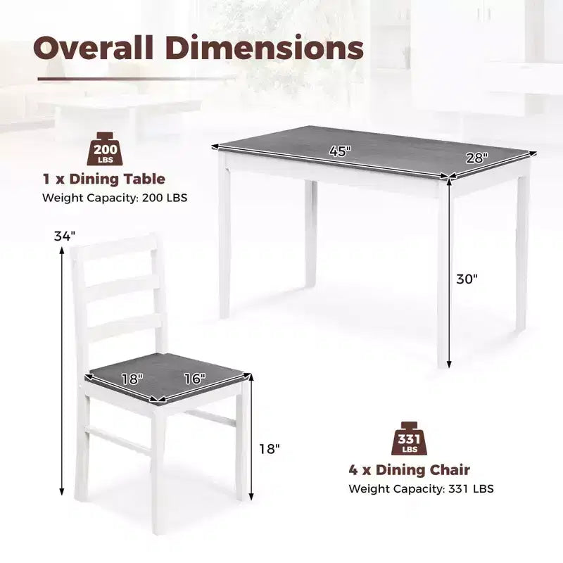 Costway Ensemble repas 5 pièces Bois massif Mobilier de cuisine avec table rectangulaire et 4 chaises Naturel/Café/Gris