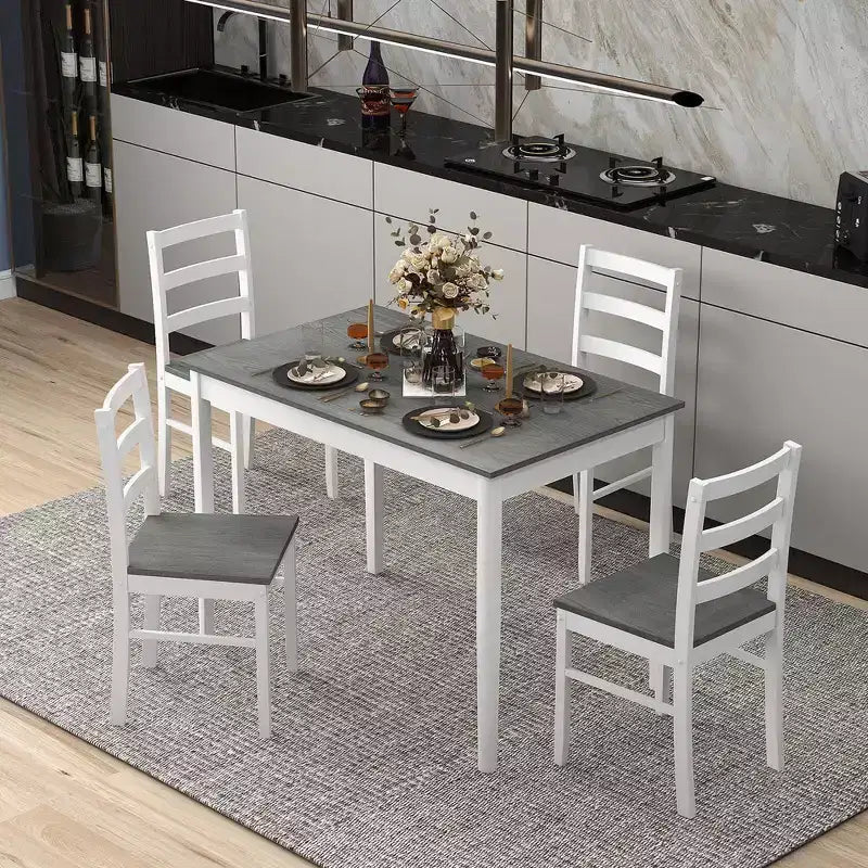 Costway Ensemble repas 5 pièces Bois massif Mobilier de cuisine avec table rectangulaire et 4 chaises Naturel/Café/Gris