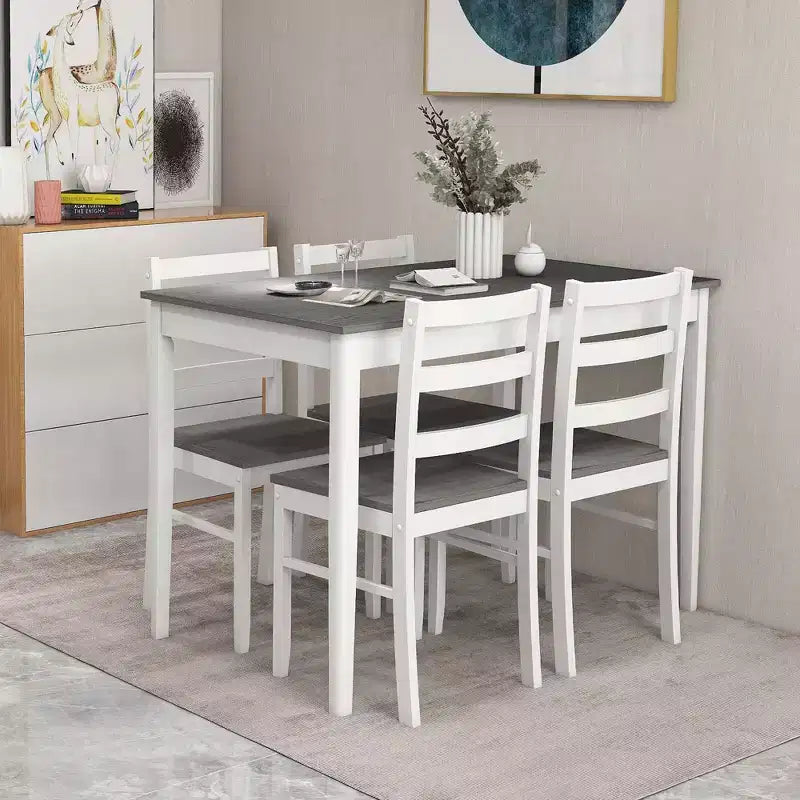 Costway Ensemble repas 5 pièces Bois massif Mobilier de cuisine avec table rectangulaire et 4 chaises Naturel/Café/Gris