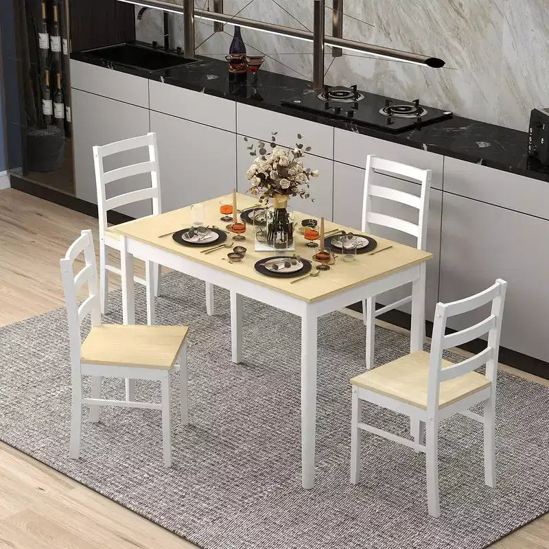 Costway Ensemble repas 5 pièces Bois massif Mobilier de cuisine avec table rectangulaire et 4 chaises Naturel/Café/Gris