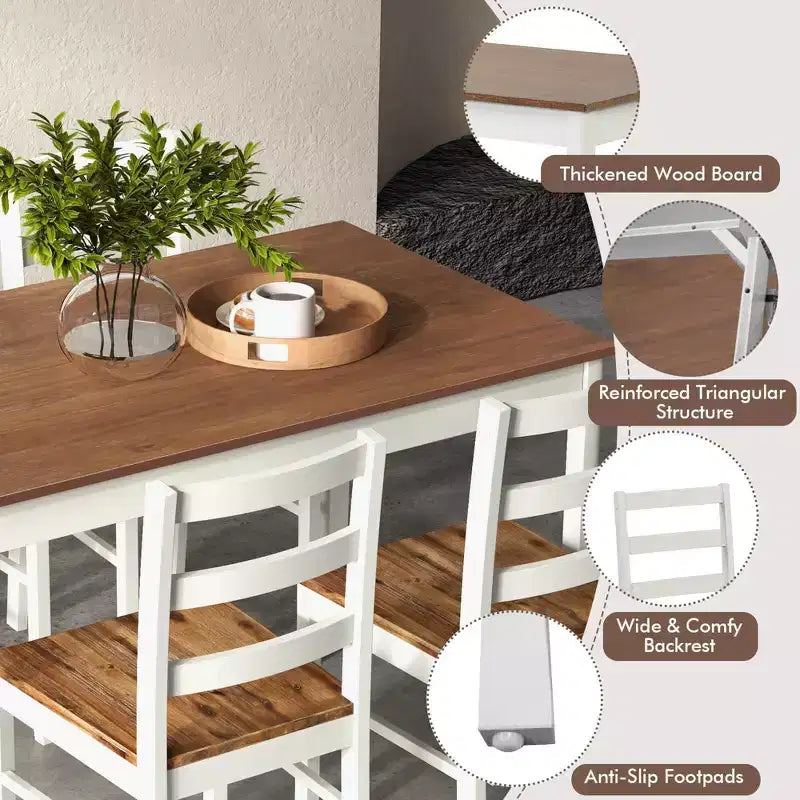 Costway Ensemble repas 5 pièces Bois massif Mobilier de cuisine avec table rectangulaire et 4 chaises Naturel/Café/Gris