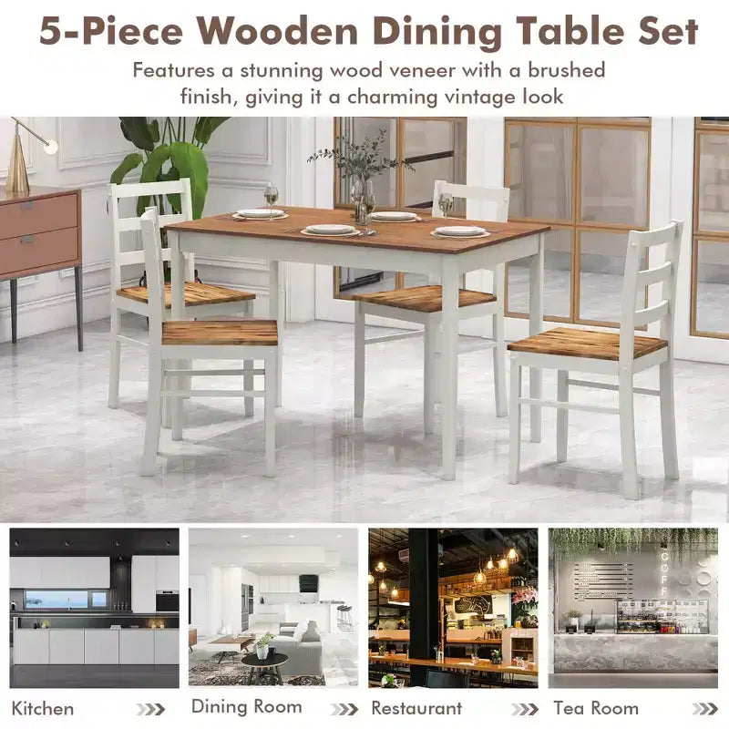 Costway Ensemble repas 5 pièces Bois massif Mobilier de cuisine avec table rectangulaire et 4 chaises Naturel/Café/Gris