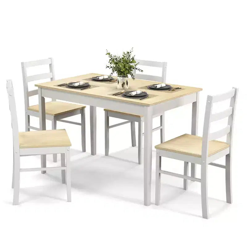 Costway Ensemble repas 5 pièces Bois massif Mobilier de cuisine avec table rectangulaire et 4 chaises Naturel/Café/Gris