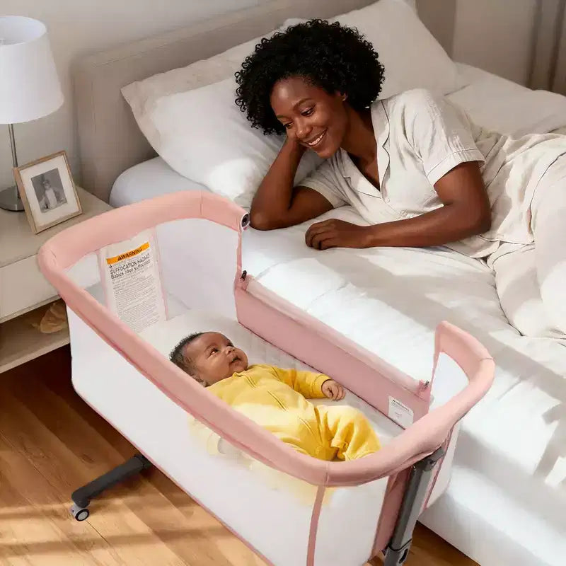 Berceau bébé à roulettes – Beige / Gris / Rose, cododo, pour 1 bébé