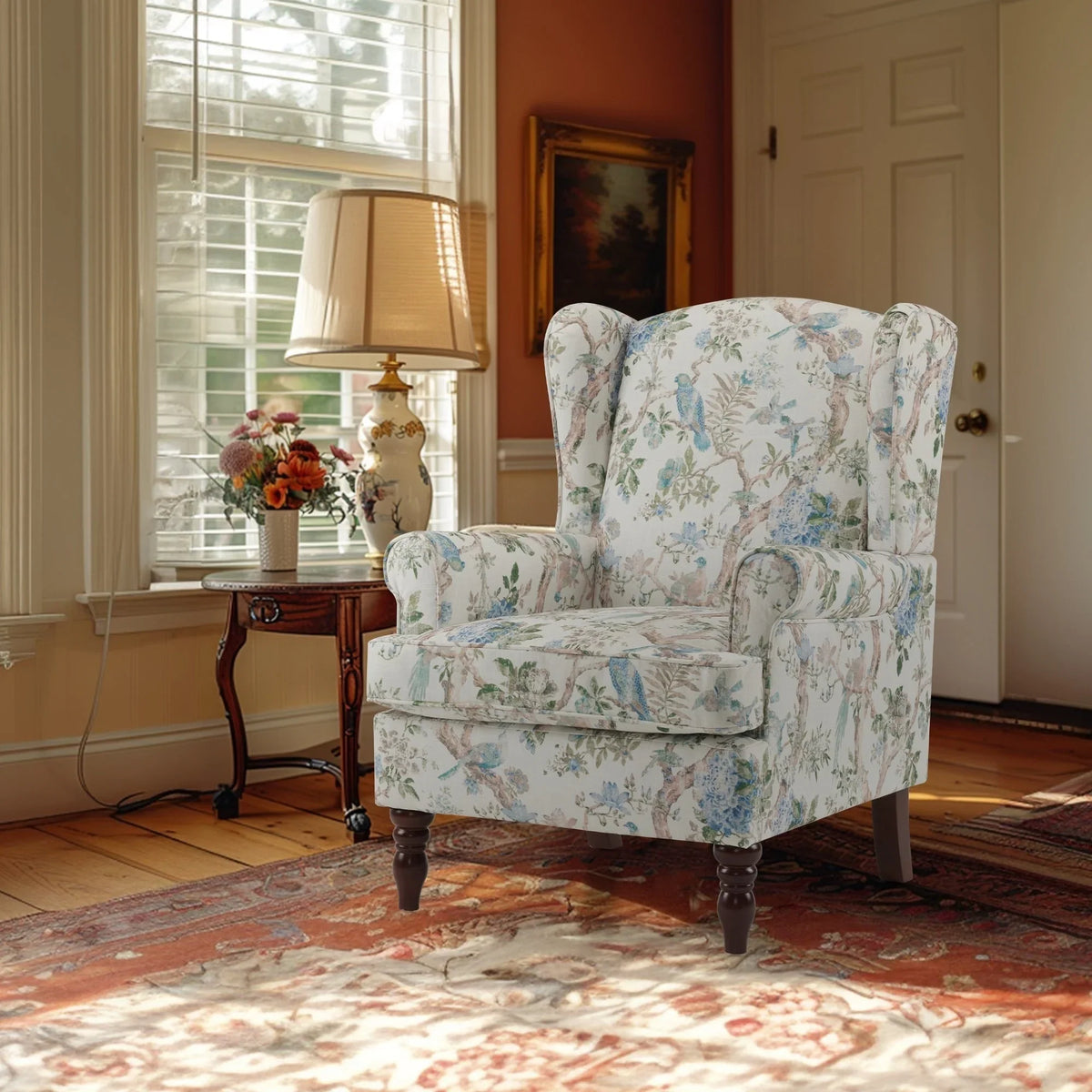 Fauteuil d'appoint moderne Erommy, fauteuil à dossier haut, canapé simple en tissu rembourré avec boutons et pieds en bois pour salon