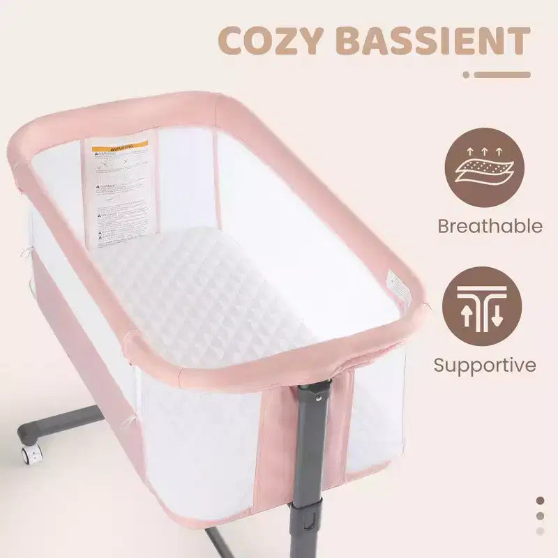 Berceau bébé à roulettes – Beige / Gris / Rose, cododo, pour 1 bébé