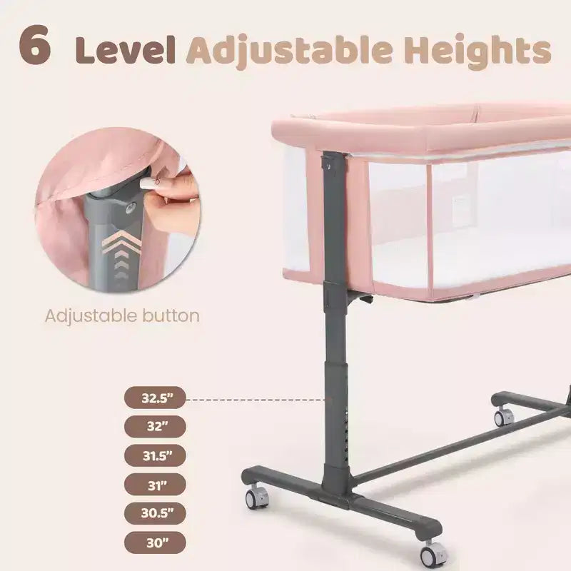 Berceau bébé à roulettes – Beige / Gris / Rose, cododo, pour 1 bébé