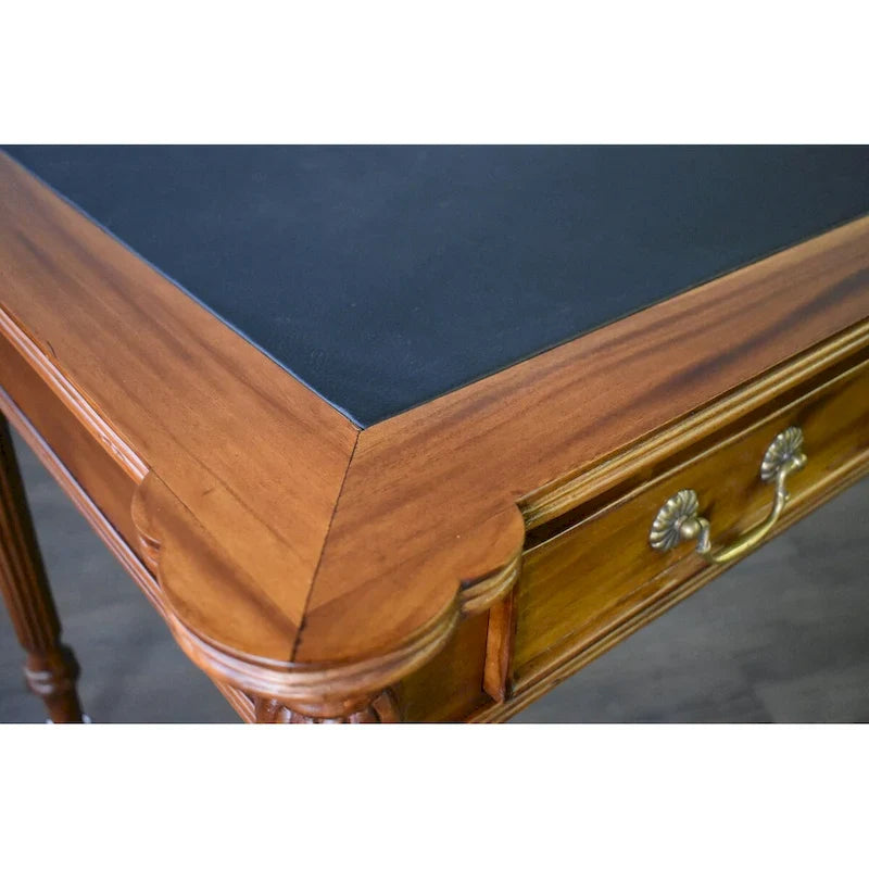 Bureau de style victorien en acajou massif, brun foncé / brun clair, avec plateau en cuir noir et 3 tiroirs – Unité simple