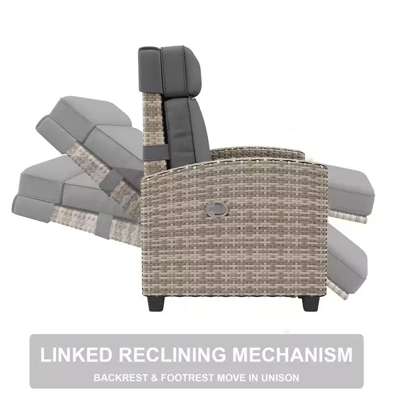Chaise longue d'extérieur, chaises de patio inclinables avec dossier et repose-pieds réglables, chaise longue en osier jusqu'à 150° avec table escamotable