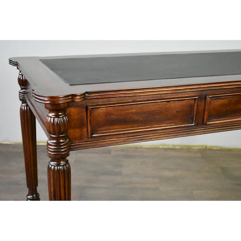 Bureau de style victorien en acajou massif, brun foncé / brun clair, avec plateau en cuir noir et 3 tiroirs – Unité simple