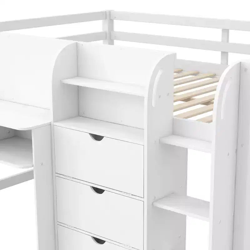 Lit mezzanine bas rose/blanc avec bureau, rangement et tableau blanc - 1 place