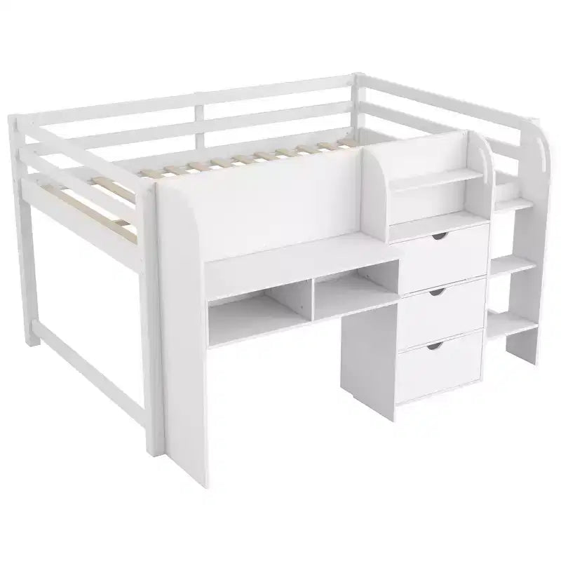 Lit mezzanine bas rose/blanc avec bureau, rangement et tableau blanc - 1 place