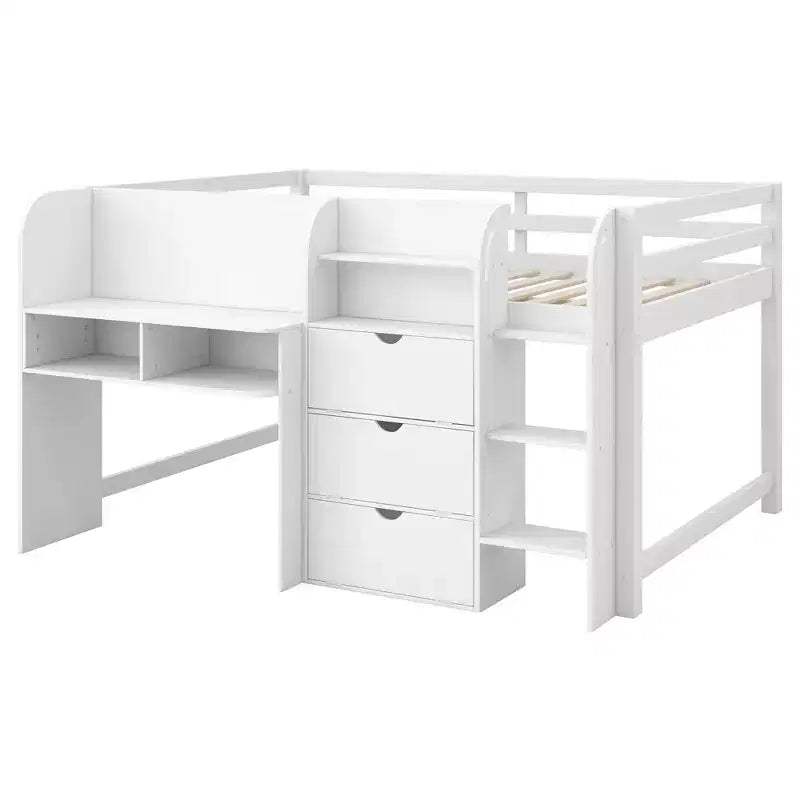 Lit mezzanine bas rose/blanc avec bureau, rangement et tableau blanc - 1 place
