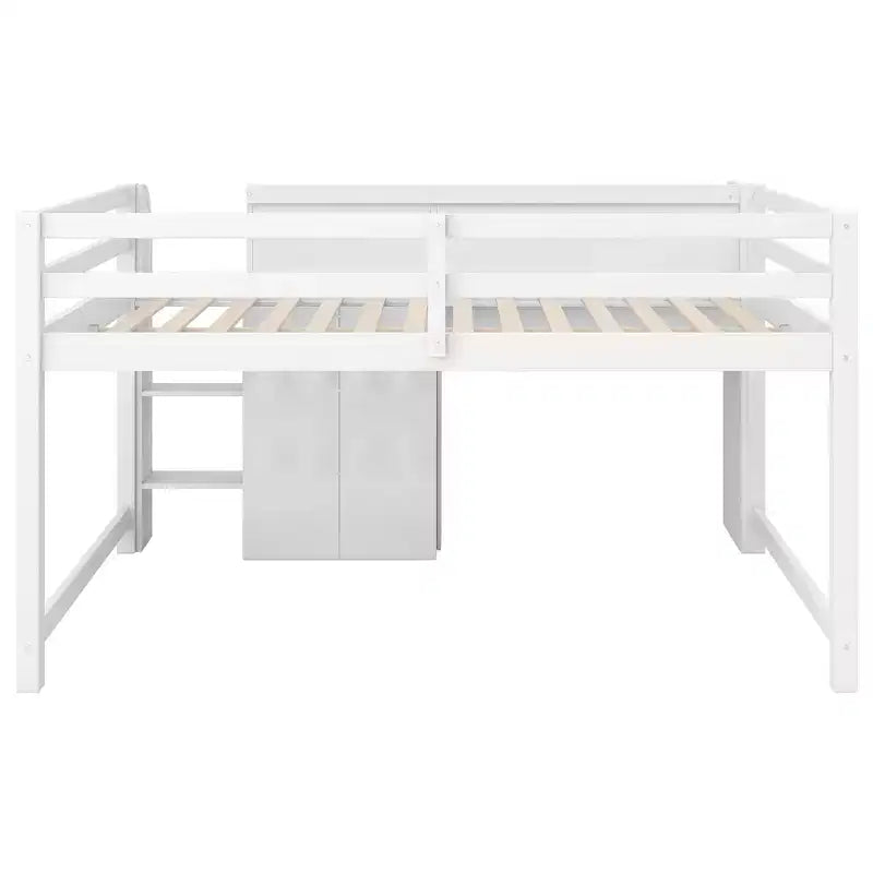 Lit mezzanine bas rose/blanc avec bureau, rangement et tableau blanc - 1 place