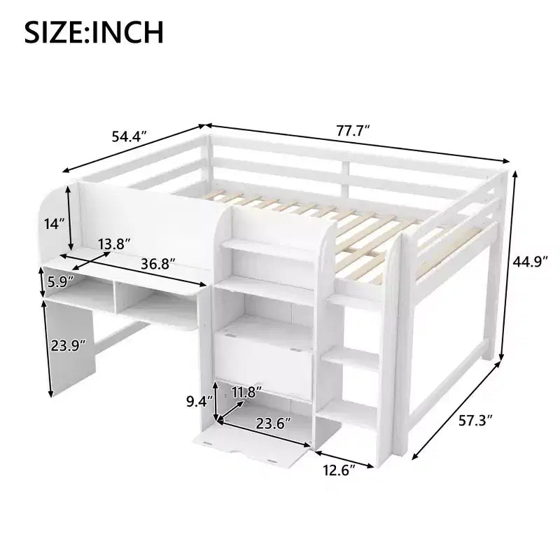 Lit mezzanine bas rose/blanc avec bureau, rangement et tableau blanc - 1 place