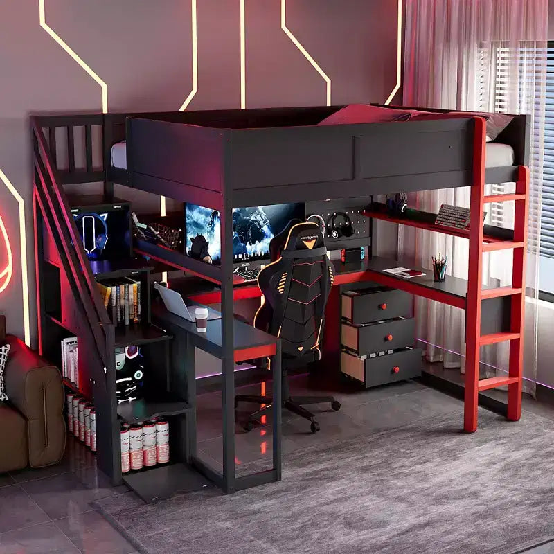 Lit mezzanine GDFStudio Scott en bois avec escalier de rangement, bureau, étagères et panneau perforé