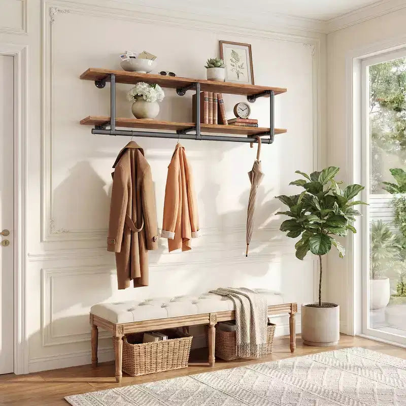 Étagère à vêtements 2 niveaux Besiost avec tringle à suspendre, étagères à vêtements avec étagère supérieure