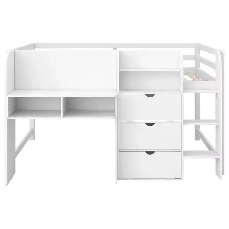 Lit mezzanine bas rose/blanc avec bureau, rangement et tableau blanc - 1 place