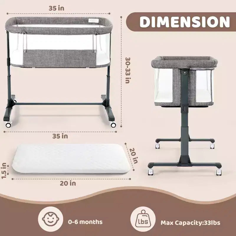 Berceau bébé à roulettes – Beige / Gris / Rose, cododo, pour 1 bébé