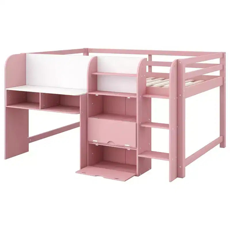 Lit mezzanine bas rose/blanc avec bureau, rangement et tableau blanc - 1 place