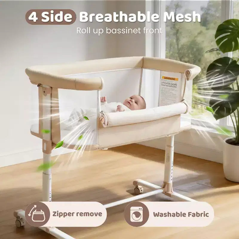 Berceau bébé à roulettes – Beige / Gris / Rose, cododo, pour 1 bébé