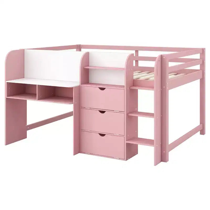 Lit mezzanine bas rose/blanc avec bureau, rangement et tableau blanc - 1 place